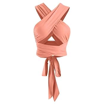 ZAFUL Womens Ribbed Halter Crop Top Ruched Lace-up Cropped
